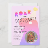 ROAR T-Rex Dinosaurus Neon Roze Foto Meisje Verjaa Kaart (Voorkant)