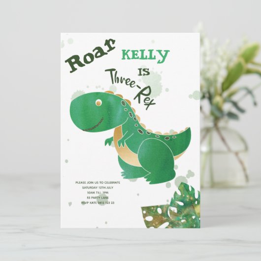 Roar, Three-Rex Cute Dinosaur Invitation Kaart (Staand voorkant)