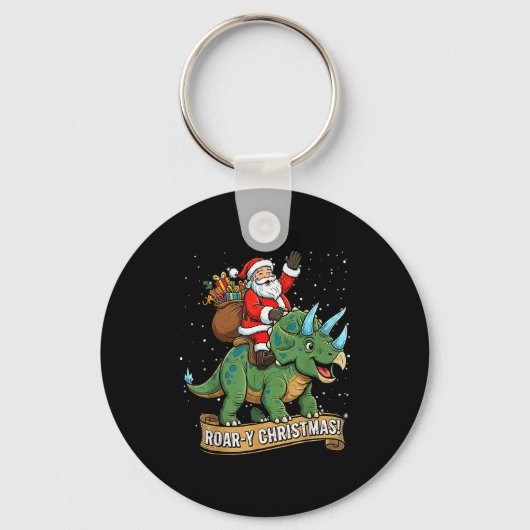 Roar-y Christmas Funny Santa Riding Dinosaur Trice Sleutelhanger (Voorkant)
