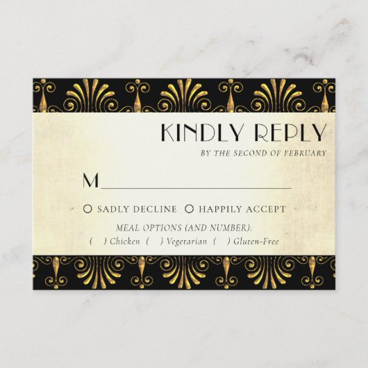 Roarin 20s Decadentie | Goud Zwart Art Deco Entree RSVP Kaartje (Voorkant)