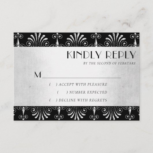 Roarin 20s Decadentie | Zilver en zwart Art Deco RSVP Kaartje (Voorkant)
