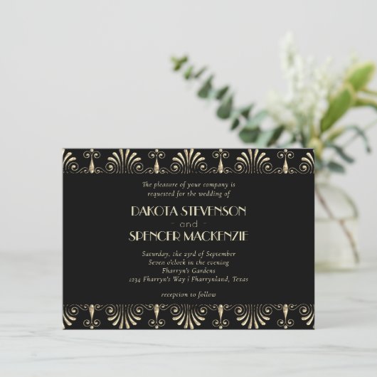 Roarin 20s Sepia Gold en Black Art Deco Wedding Kaart (Staand voorkant)