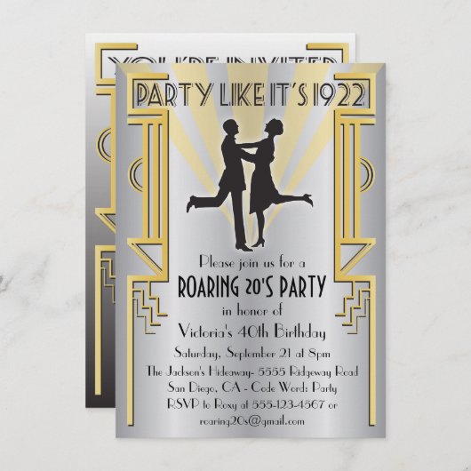 Roaring 20 Art Deco Charleston Party Uitnodiging (Voorkant / Achterkant)