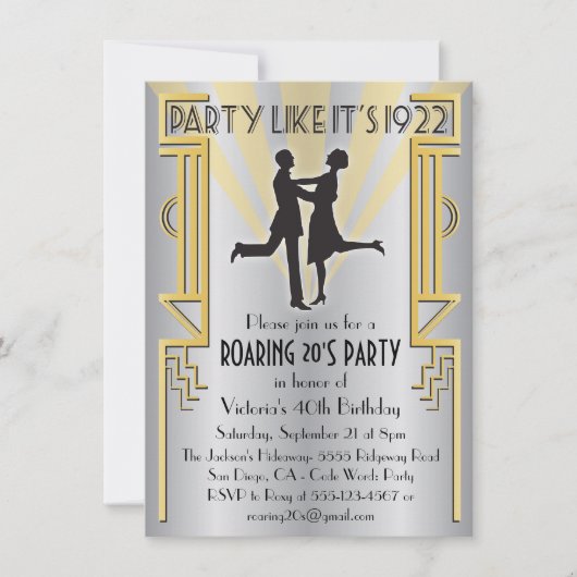 Roaring 20 Art Deco Charleston Party Uitnodiging (Voorkant)