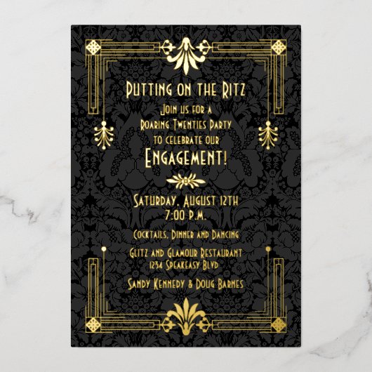 Roaring 20-jarige tienerjaren Art Deco Engagement  Folie Uitnodiging (Voorkant)