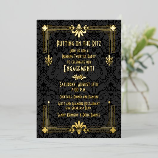 Roaring 20-jarige tienerjaren Art Deco Engagement  Folie Uitnodiging (Staand Voorkant)