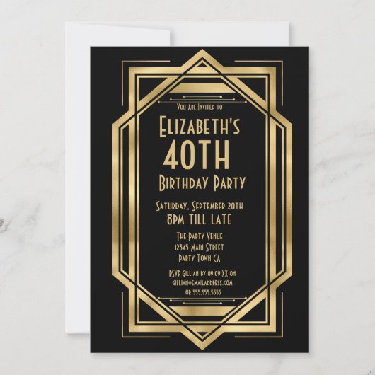 Roaring 20s Art Deco Black | Goud 40e verjaardag Kaart (Voorkant)