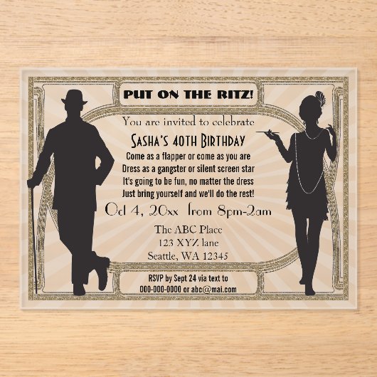Roaring 20s art deco flapper girl en gangster acryl uitnodigingen (Voorkant)