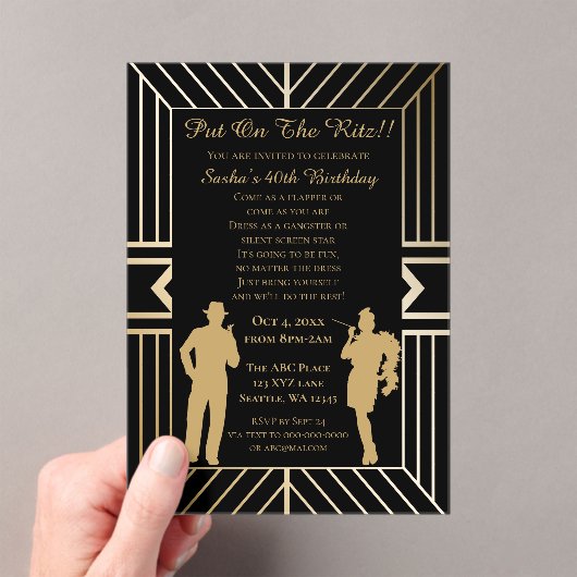 Roaring 20s art deco flapper girl en gangster acryl uitnodigingen (Insitu (Draagbaar))