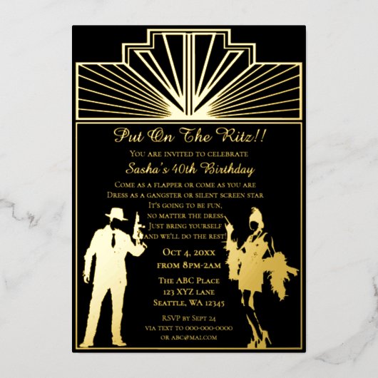Roaring 20s art deco flapper girl en gangster folie uitnodiging (Voorkant)