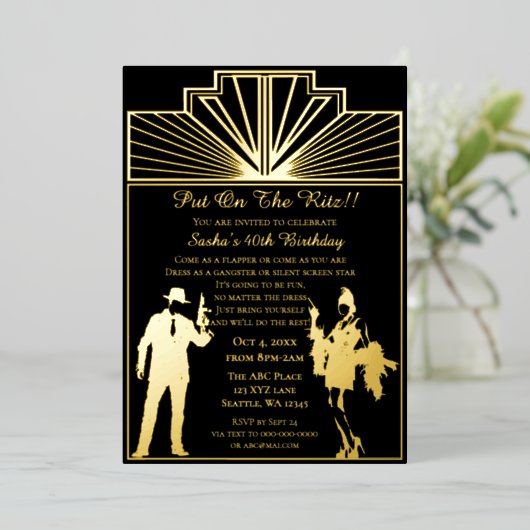 Roaring 20s art deco flapper girl en gangster folie uitnodiging (Staand Voorkant)