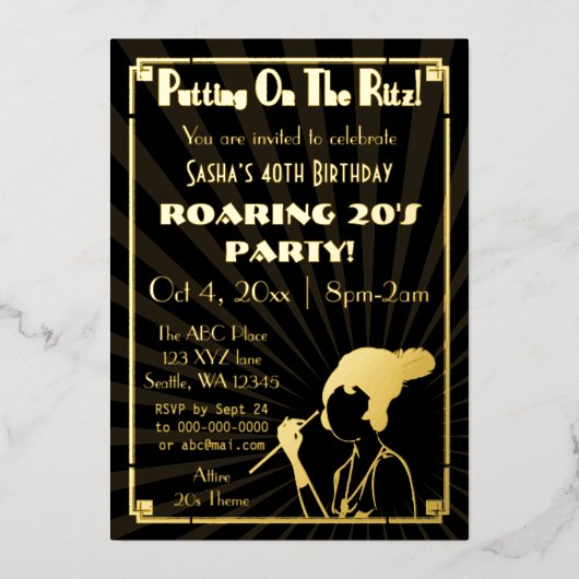 Roaring 20s art deco flapper girl folie uitnodiging (Voorkant)