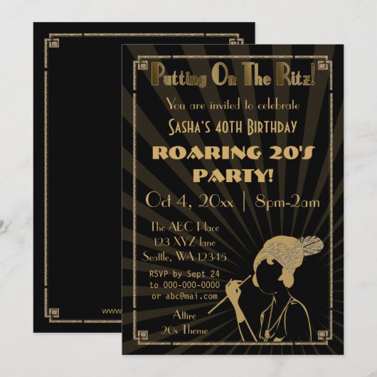 Roaring 20s art deco flapper girl uitnodiging (Voorkant / Achterkant)