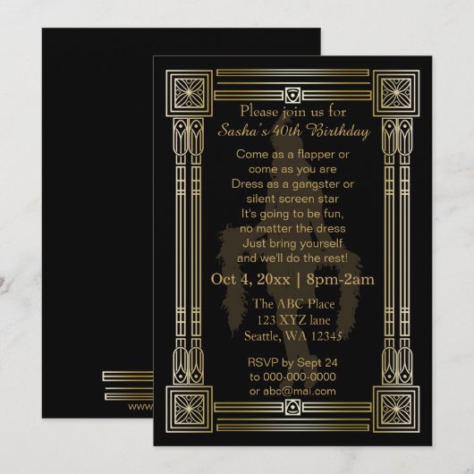 Roaring 20s art deco flapper girl uitnodiging (Voorkant / Achterkant)