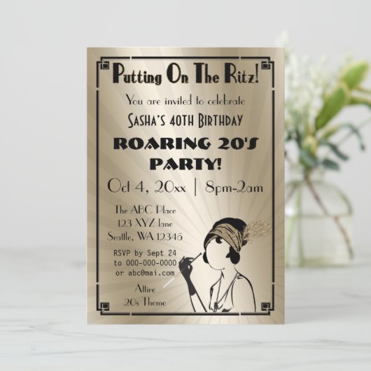 Roaring 20s art deco flapper girl uitnodiging (Staand voorkant)