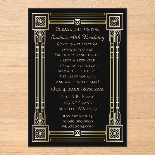 Roaring 20s art deco grote gatsby verjaardag acryl uitnodigingen (Voorkant)