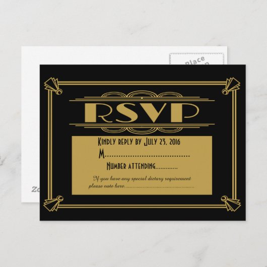 Roaring 20's Art Deco RSVP-briefkaart Uitnodiging Briefkaart (Voorkant / Achterkant)