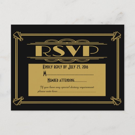 Roaring 20's Art Deco RSVP-briefkaart Uitnodiging Briefkaart (Voorkant)
