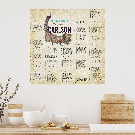 Roaring 20s Damask Peacock Gold Seating Chart Poster (Keuken)