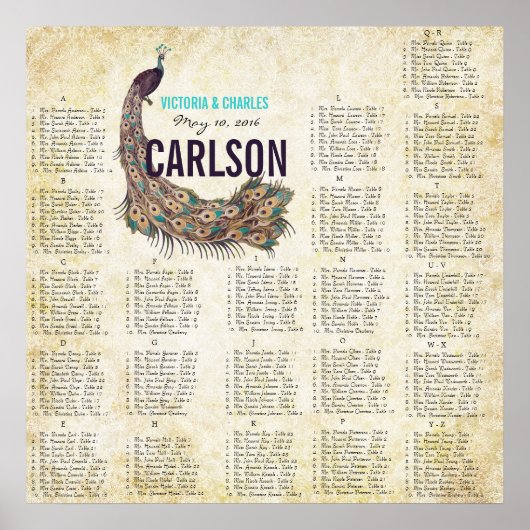 Roaring 20s Damask Peacock Gold Seating Chart Poster (Voorkant)