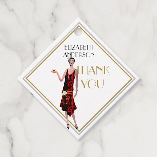 Roaring 20s Flapper Gatsby Dank u Zwart Goud Bedankjes Labels (Voorkant)