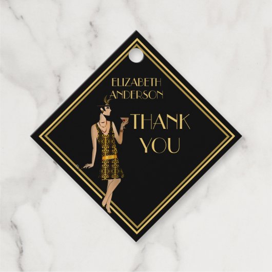 Roaring 20s Flapper Gatsby Dank u Zwart Goud Bedankjes Labels (Voorkant)