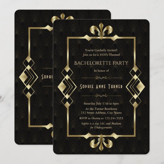 Roaring 20s Gold Art Deco Bachelorette Party Kaart (Voorkant / Achterkant)