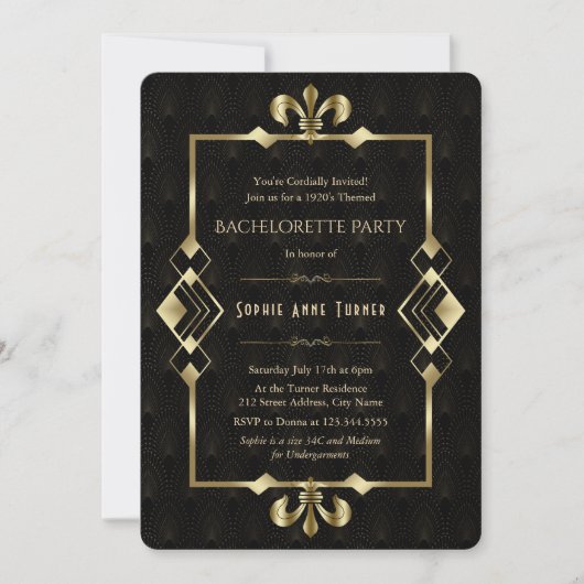 Roaring 20s Gold Art Deco Bachelorette Party Kaart (Voorkant)