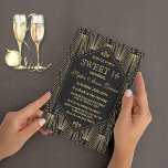 Roaring 20s Great Gatsby Art Deco Sweet 16 Party Kaart<br><div class="desc">Grote Gatsby  Art Deco Sweet 16 Party Invitation. Het zwarte en gouden kaartontwerp van 1920 is voorzien van een prachtige geometrische stijl van Art Deco. Het gebruik past hulpmiddel aan om uw info toe te voegen. Zie ook mijn Vintage Art Deco Wedding Collectie.</div>