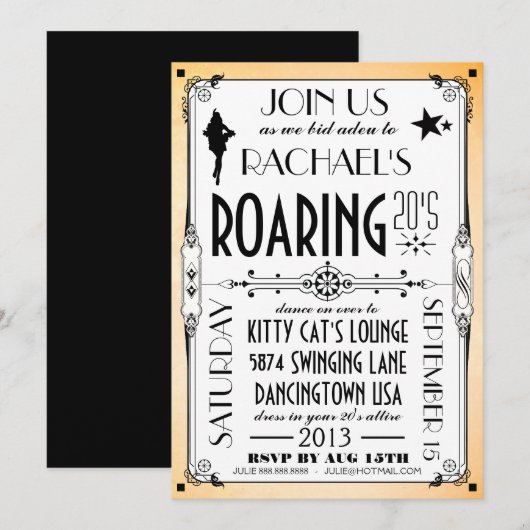 Roaring 20's Retro Art Deco Party Uitnodiging (Voorkant / Achterkant)