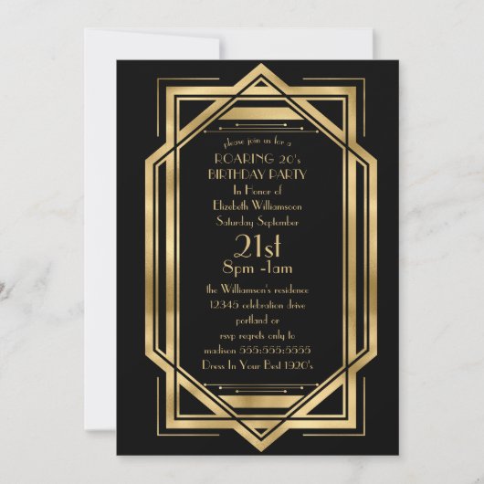 Roaring Black en Gold Art Deco Birthday Party Kaart (Voorkant)