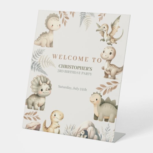 Roaring Boho Dinosaurus Thema Verjaardag Reclamebord Met Voetstuk (Voorkant)