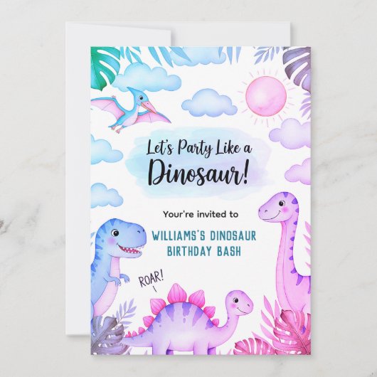 Roaring Dinosaur Birthday Invitation Kaart (Voorkant)