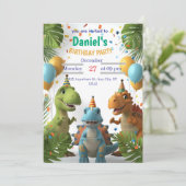 Roaring Dinosaur Boys Verjaardagsfeestje Uitnodigi Kaart (Staand voorkant)