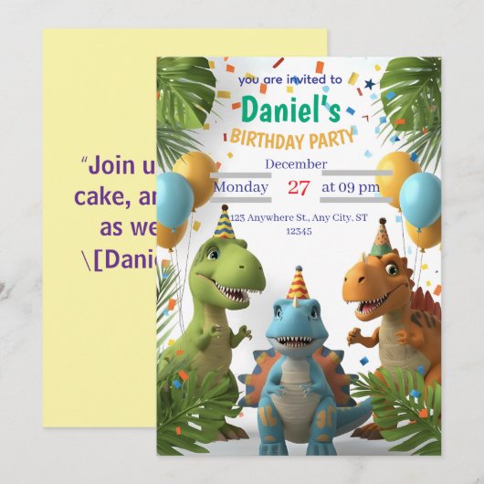 Roaring Dinosaur Boys Verjaardagsfeestje Uitnodigi Kaart (Voorkant / Achterkant)