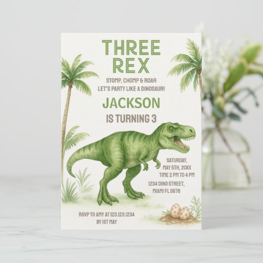 Roaring Dinosaur Verjaardag Uitnodigingen (Staand voorkant)