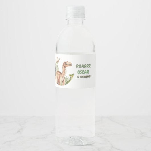 Roaring Dinosaur verjaardagsfeestje Waterfles Etiket (Voorkant)