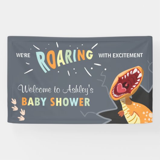 Roaring Dinosaurus Baby shower Dino Achtergrond Ba Spandoek (Horizontaal)