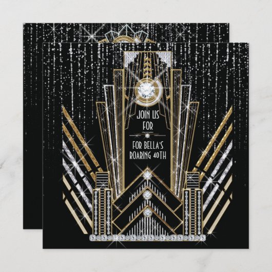 Roaring Gatsby Art Deco Bling Feest Uitnodigingen (Voorkant / Achterkant)