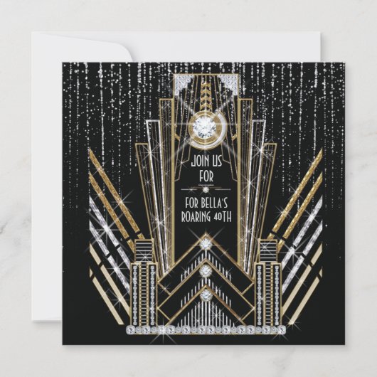 Roaring Gatsby Art Deco Bling Feest Uitnodigingen (Voorkant)