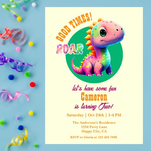 Roaring Good Times Dinosaur 2nd Birthday party Kaart