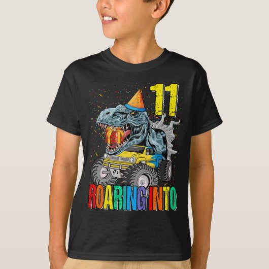Roaring in 11e geboortedag monster Truck Dinosaur T-shirt (Voorkant)