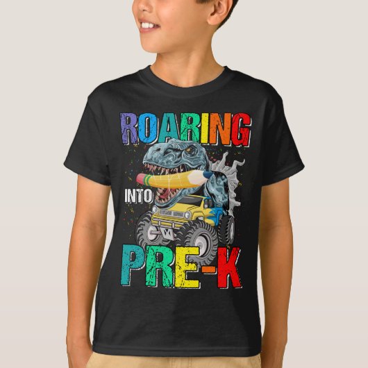 Roaring in Pre-K Monster Truck Dinosaurus Boys T-shirt (Voorkant)