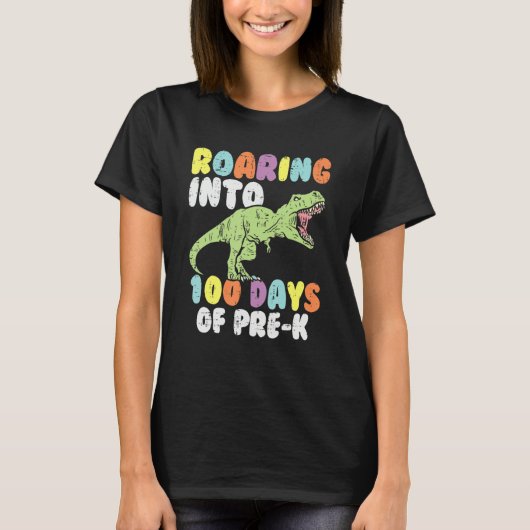 Roaring Into 100 Days Of Pre K Trex Dinosaur 100th T-shirt (Voorkant)