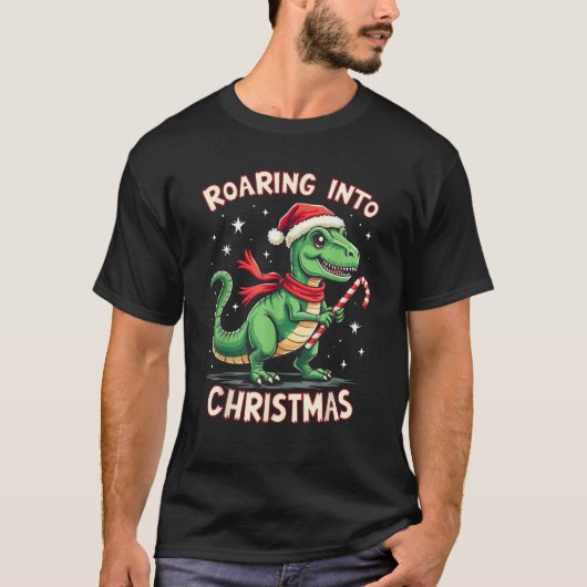 Roaring into Christmas T Rex Santa Hat Candy Cane  T-shirt (Voorkant)