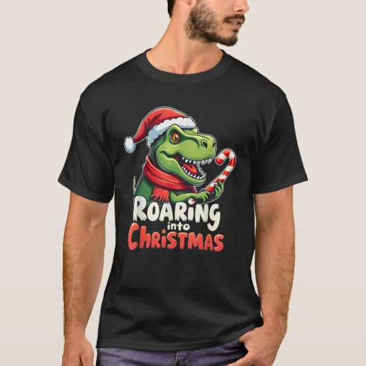 Roaring into Christmas T Rex Santa Hat Candy Cane  T-shirt (Voorkant)