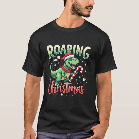 Roaring into Christmas T Rex Santa Hat Candy Cane T-shirt (Voorkant)