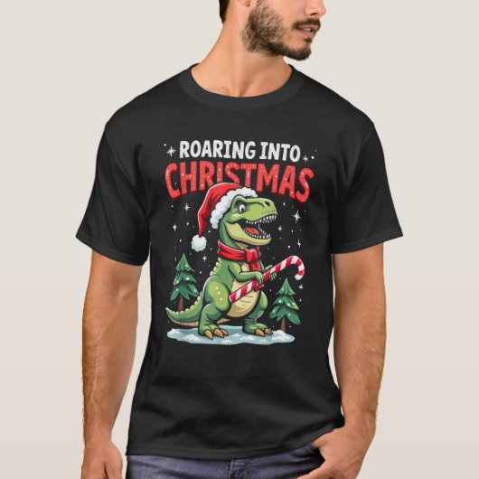 Roaring into Christmas T Rex Santa Hat Candy Cane  T-shirt (Voorkant)
