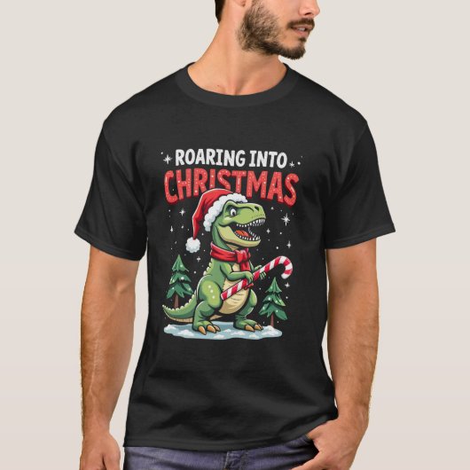 Roaring into Christmas T Rex Santa Hat Candy Cane  T-shirt (Voorkant)