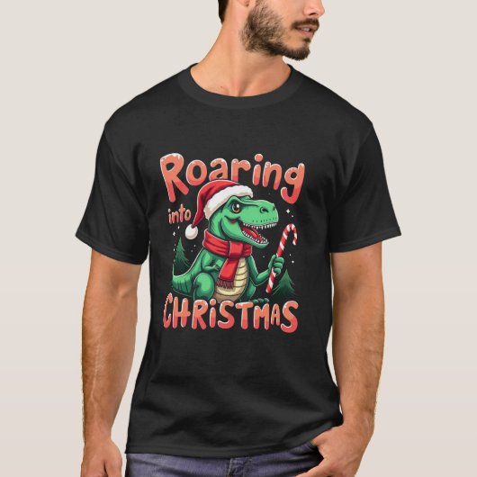 Roaring into Christmas T Rex Santa Hat Candy Cane  T-shirt (Voorkant)